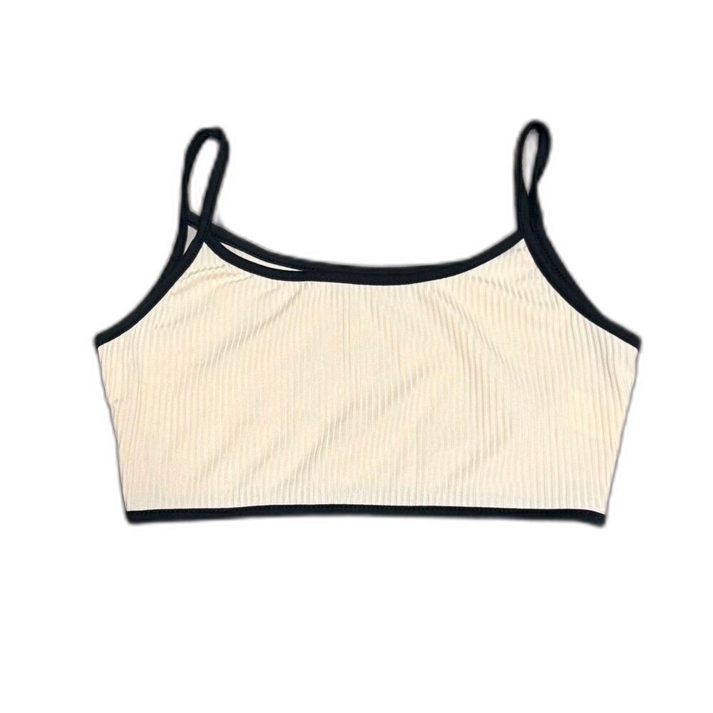 Beige rib knit cropped bralette tank with black contrast piping